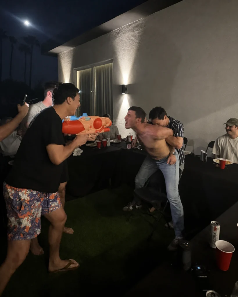 Guests joining the water-gun game at a private hibachi event