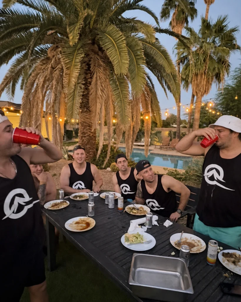 Friends enjoying an Arizona poolside hibachi party