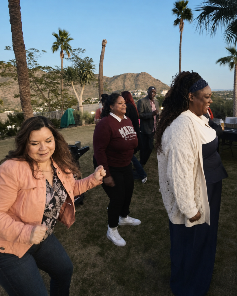 Guest dancing during a mountain-view hibachi celebration