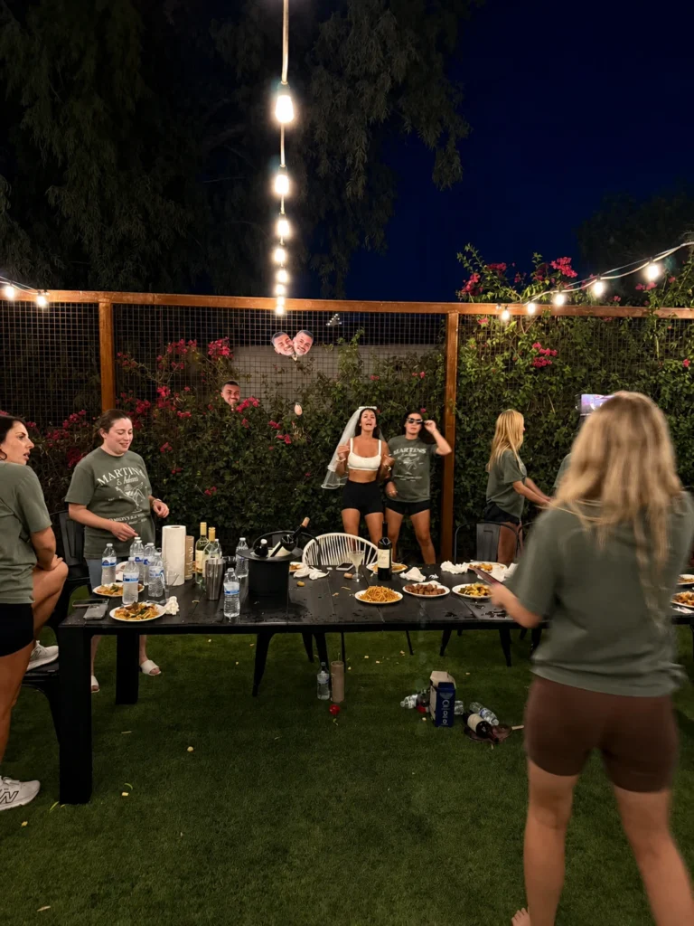 Bachelorette group gathered for an outdoor hibachi dinner