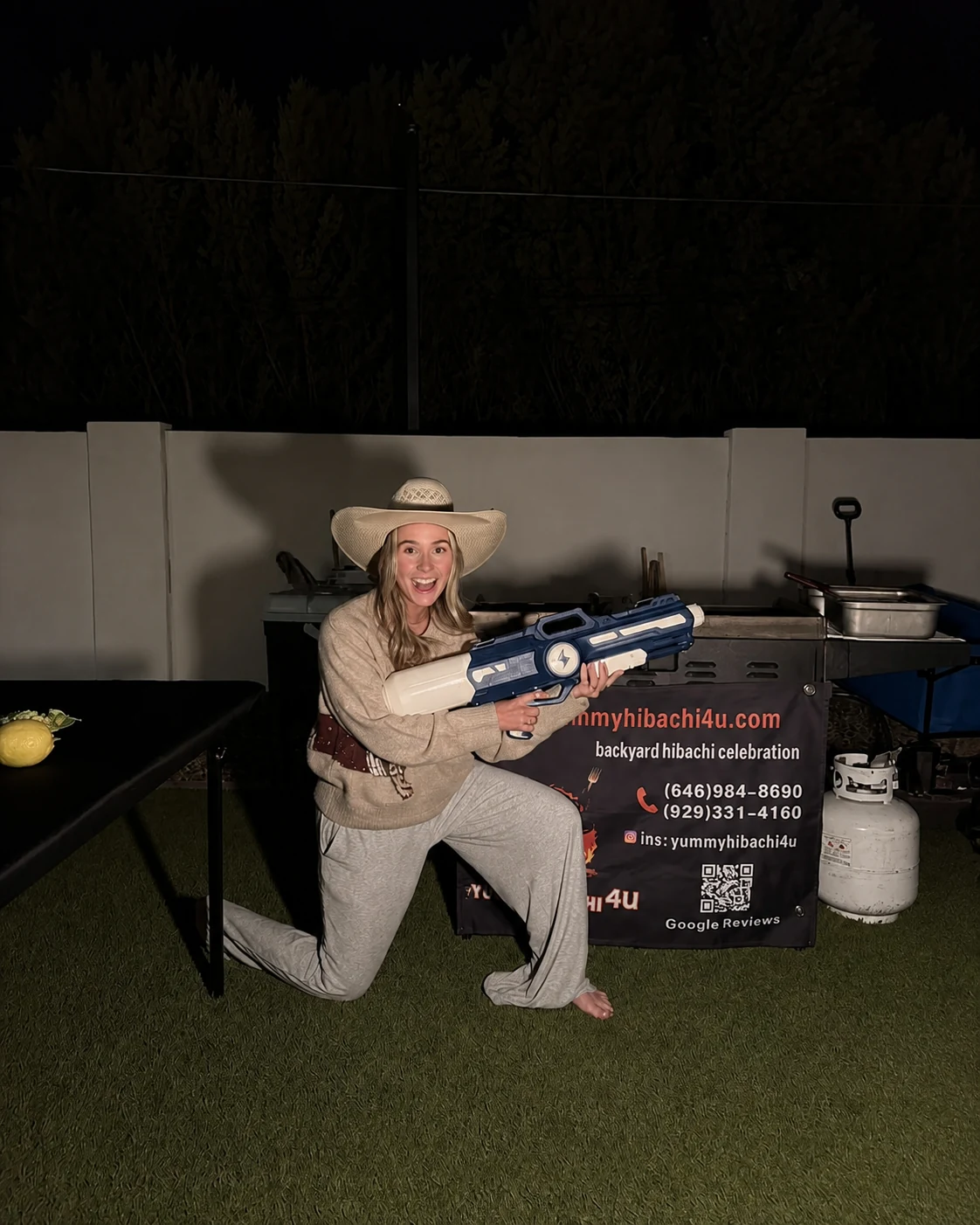 Cowgirl-themed guest joining an interactive hibachi game